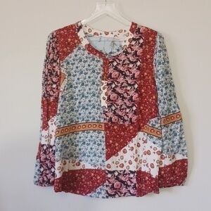 Patchwork Boho Artsy Cottagecore Hippie Floral Henley Long Sleeve Blouse, Size M